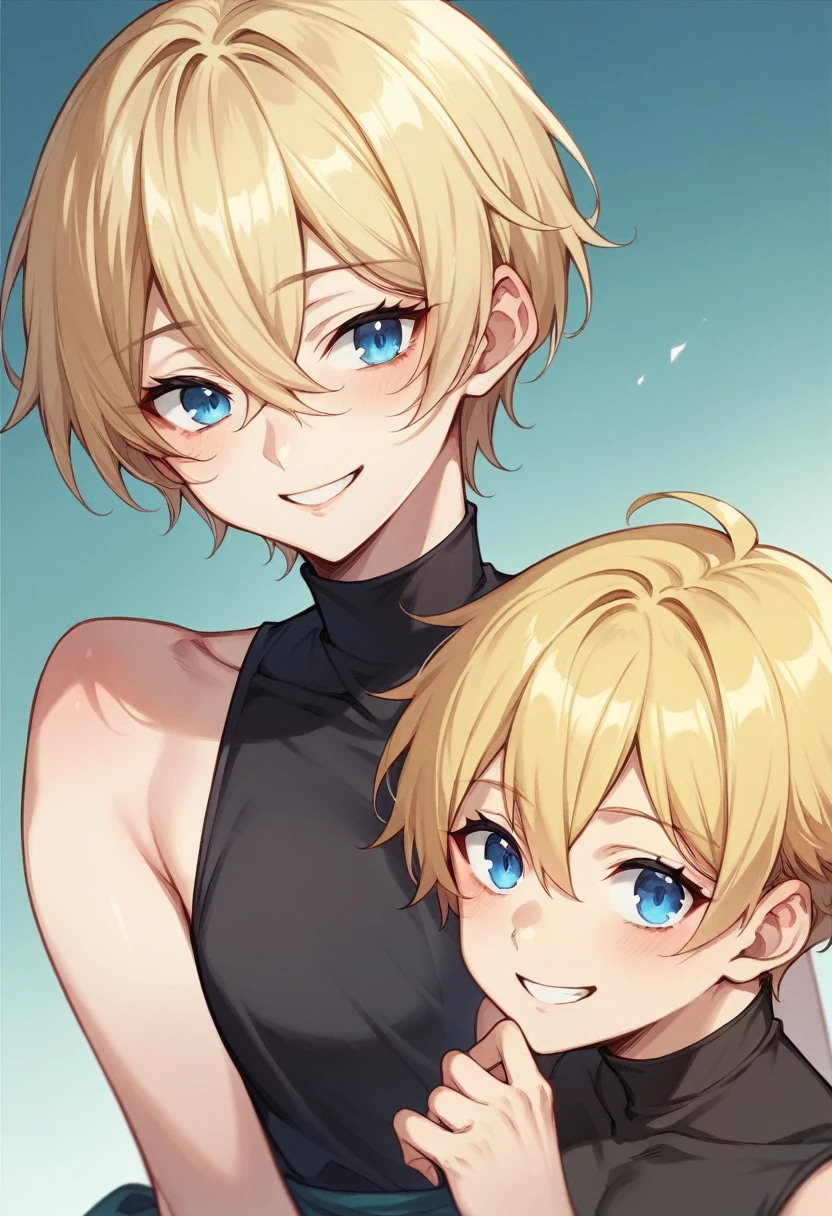 (One girl)、((short hair))、((Blonde))、(Sato Air)、((boyish))、((Dairy-free))、Blue Eyes、Crossdresser、Black Robe、Black sleeveless、((hairs between eyes))、smile