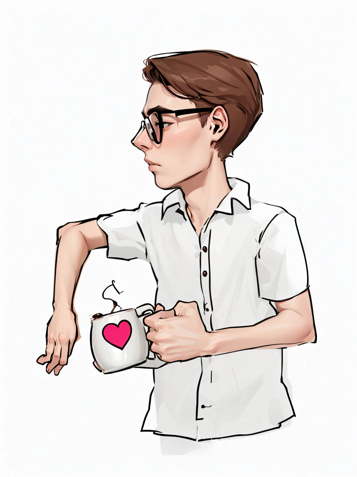 skinny 19 year old boy sitting in his hand holding a large mug of coffee with a heart with a worried face wearing a nerdy short-sleeved formal shirt