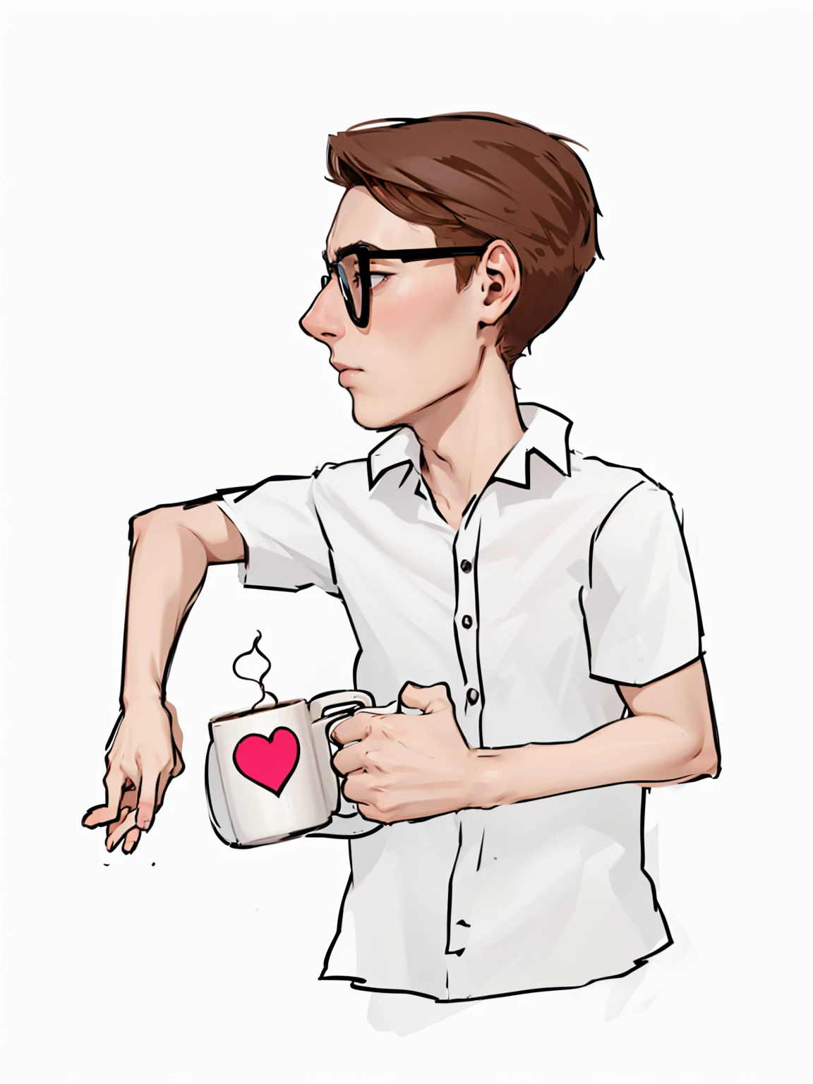 skinny 19 year old boy sitting in his hand holding a large mug of coffee with a heart with a worried face wearing a nerdy short-sleeved formal shirt