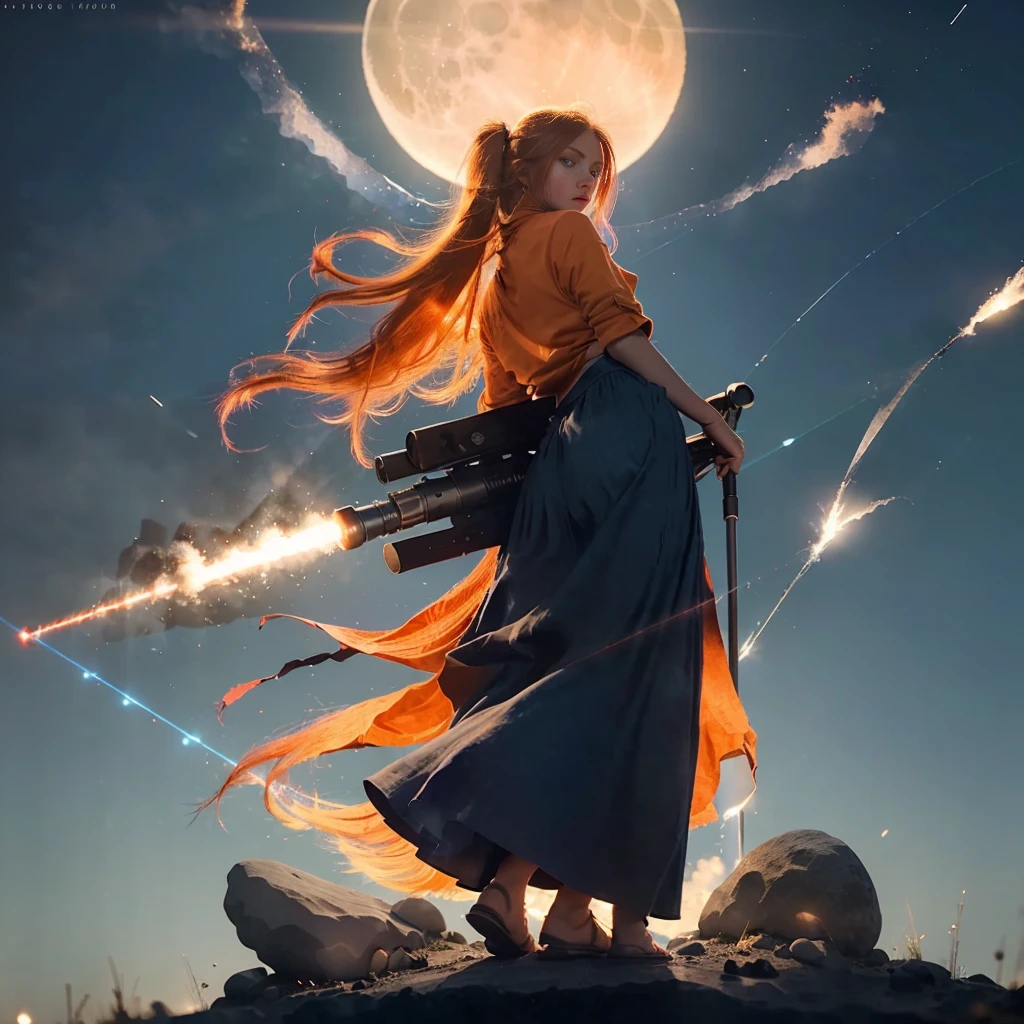 Full body version), (1girl, Western baby, red cheeks, blue eyes, orange hair coloring, long shaggy hair, long white shirt, blue long skirt), ((bazooka behind his back)), (full body girl, sophisticated, laser, lighting), ((Grassroots background, moon, Light silhouettes, smoke, explosions, rock pebbles))
