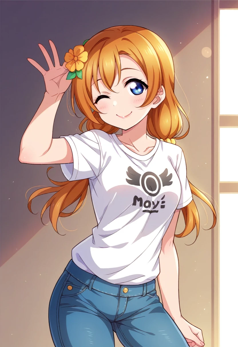 Honoka kousaka love live, cowboy shot, blue eyes, orange hair,hair flower, solo, soccer t-shirt, front tie, stylish bright jeans pants, perfect eyes, Perfect iris，Perfect skin，Soft front light，indoors；（pastel colour:1.2),(lipstick:0.8) ,sexy pose,wink, standing, mommy,low twintails, curvy thicc body , Long hair 