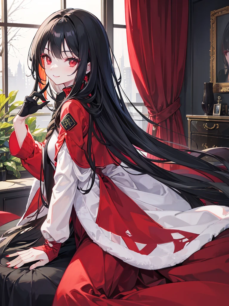 girl, red eyes, long curry wauy black bair. wear green black , arrogant, independent woman, kind smile.background in luxury mansion. winter