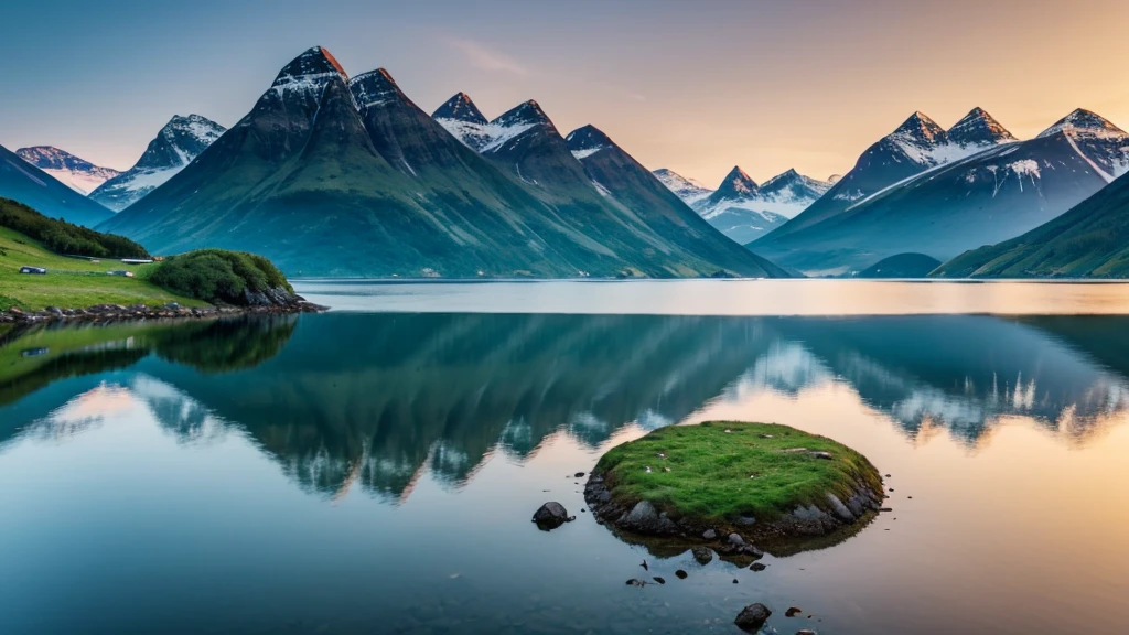 A serene Viking landscape with rolling green hills, a calm fjord, and a majestic mountain in the background. The sky is painted with the soft colors of dawn, reflecting on the still waters of the fjord.