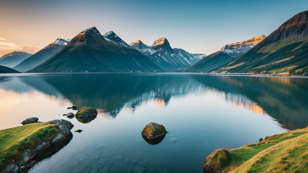 A serene Viking landscape with rolling green hills, a calm fjord, and a majestic mountain in the background. The sky is painted with the soft colors of dawn, reflecting on the still waters of the fjord.
