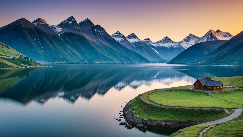 A serene Viking landscape with rolling green hills, a calm fjord, and a majestic mountain in the background. The sky is painted with the soft colors of dawn, reflecting on the still waters of the fjord.