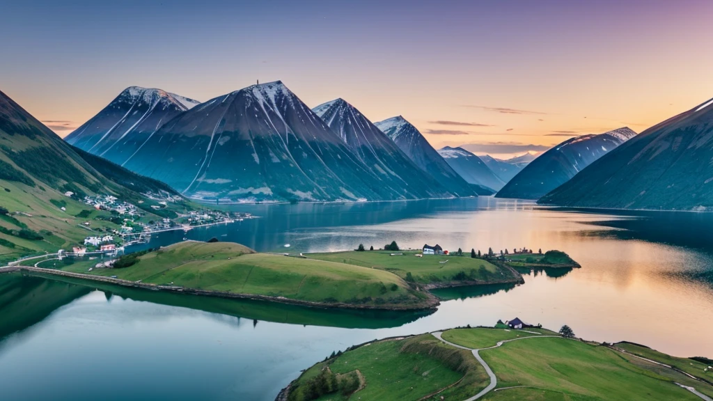 A serene Viking landscape with rolling green hills, a calm fjord, and a majestic mountain in the background. The sky is painted with the soft colors of dawn, reflecting on the still waters of the fjord.