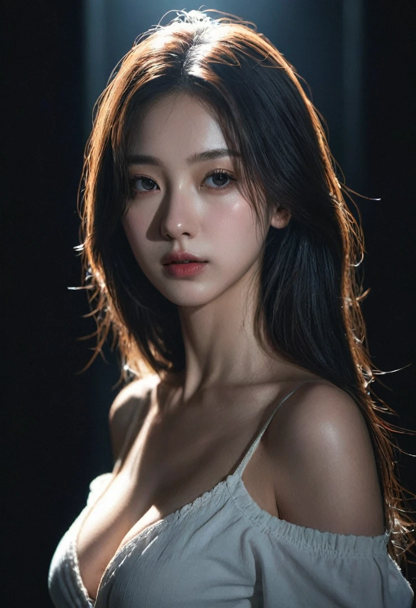 best quality, masterpiece, Ultra-high resolution, (Realistic:1.5), original photo, 1 girl, Off-shoulder, in the darkness, Deep shadows, Low profile, Cold Light, sexy look, long hair,Mix Girl,Yinglaite, Half-length photo,NSFW