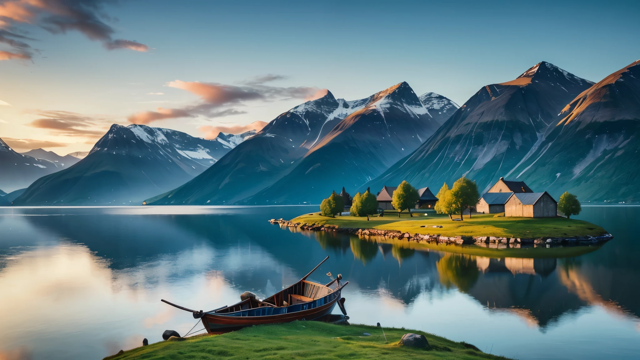 A serene Viking landscape with rolling green hills, a calm fjord, and a majestic mountain in the background. The sky is painted with the soft colors of dawn, reflecting on the still waters of the fjord. A lone Viking longship is anchored near the shore.