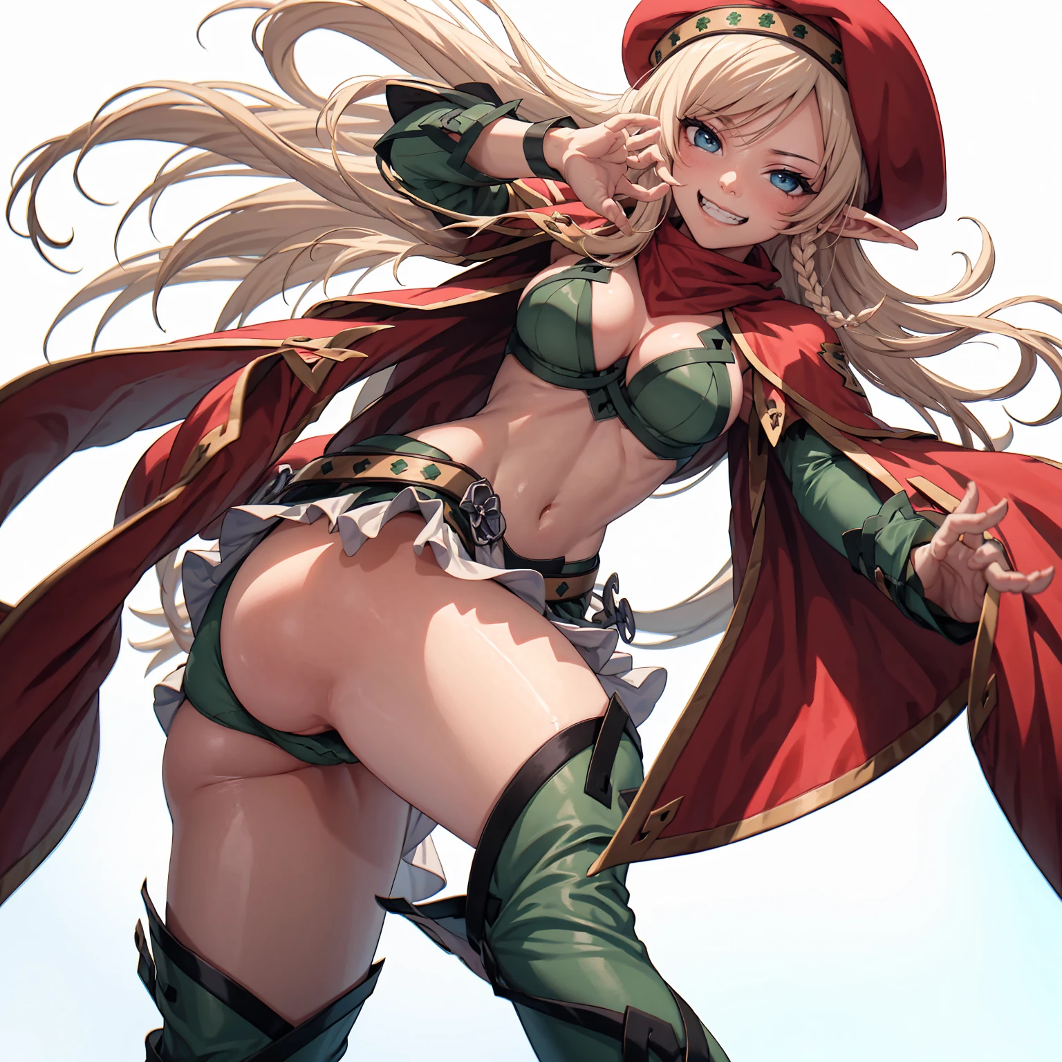 score_9, score_8_up, score_7_up, score_6_up, source_anime, BREAK 1girl, solo, alleyne, elf, side braid, beret, cape, blonde hair, long hair, sthighhighs, green bikini, eyeshadow, blue eyes, long sleeves, cleavage, smile face, legs focus, thick legs, underbutt, behind, from back, front, looking at you, grin, standing, florest, lake