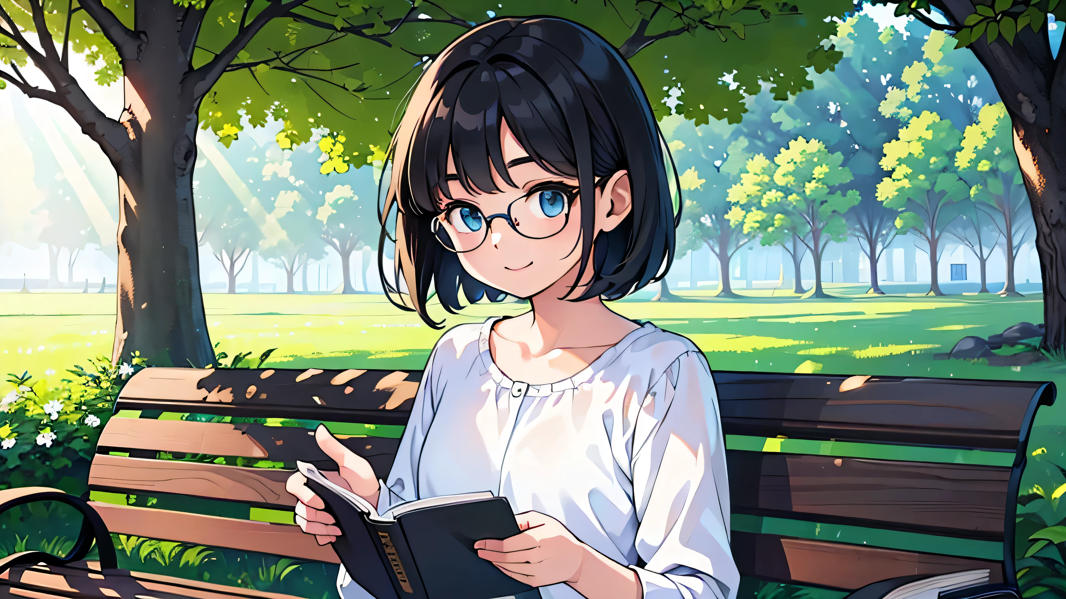 1girl, solo, blue eyes, (detailed eyes), flat chest, short hair, black hair, upper body, gentle smile on her face, wearing a white dress shirt, sitting up straight((masterpiece, illustration, best quality)) (Girl reading a book,Sitting on a bench,The tree々Sunlight flowing between,Deep green,Natural light,Long Black Hair,Glasses,White Dress,Used Bookstore) , (Best Quality,hight resolution,Realistic:1.37), (Illustration,photoRealistic), (Vivid colors,Warm tones), (llight rays,Soft shadows)