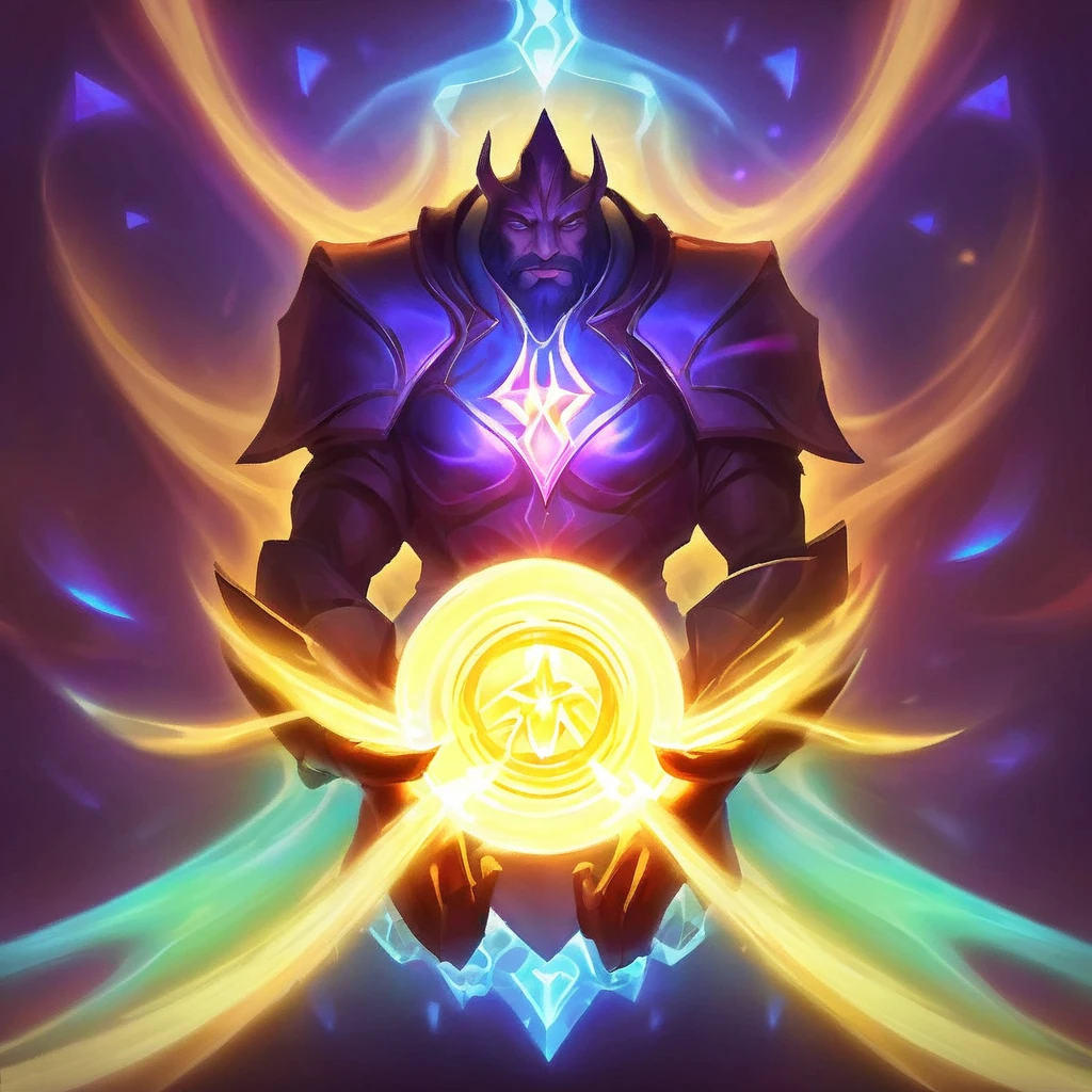 Visualize the Master of Passives surrounded by supernatural glows, presenting choices of passive abilities. Each option radiates a distinct aura, indicating its effects without showing either positive or negative consequences explicitly.