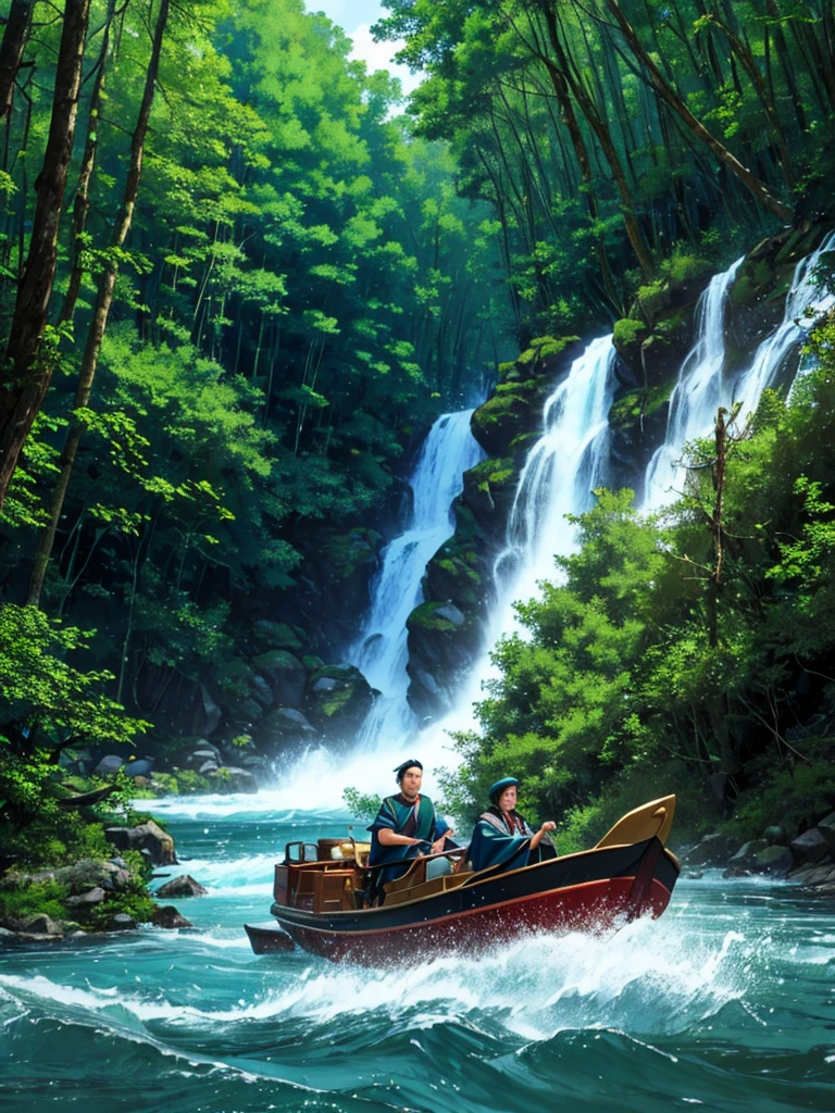 "Sky riding Spirit navigating through dense forests and fast-flowing rivers. The forest is thick with towering trees and underbrush, and a river with rushing water can be seen. Sky and Spirit are shown in motion, their bond evident as they overcome natural obstacles."