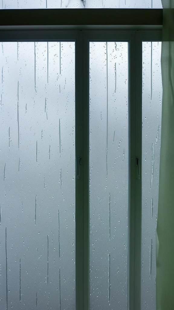 Rain-soaked window glass。Outside the window, the sky is gray and the rain is pouring。View from inside the room