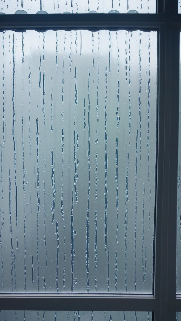 Rain-soaked window glass。Outside the window, the sky is gray and the rain is pouring。View from inside the room