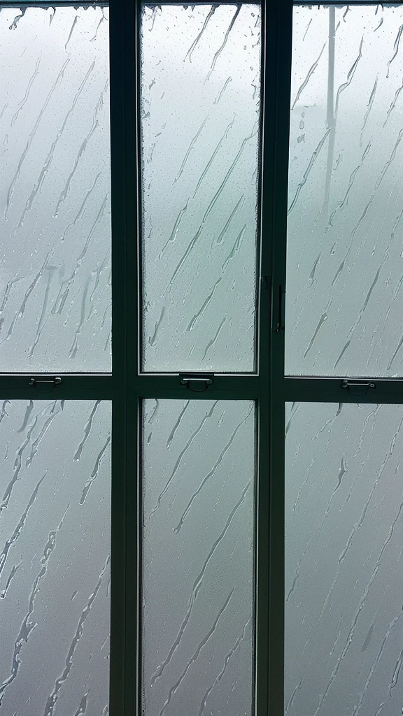 Rain-soaked window glass。Outside the window, the sky is gray and the rain is pouring。View from inside the room