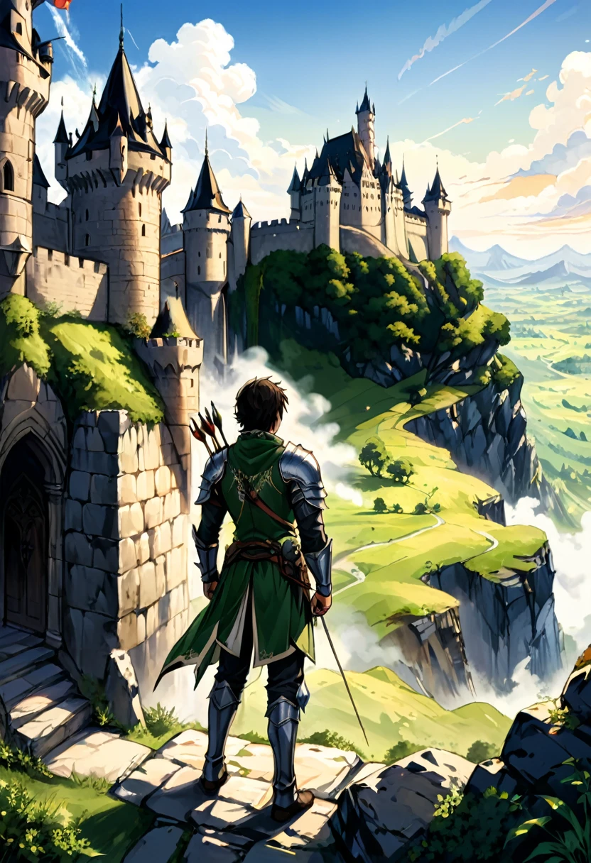 (Archer, bow and arrow), In medieval style, an elf archer patrols the ancient stone walls with vigilance. Behind him lies a towering castle and vast plains, while ahead lies an unknown danger. The characters demonstrate determination and courage, with the castle and vast plains in the background, full body, (Photography), panoramic view, award-winning, cinematic still, emotional, vignette, dynamic, vivid, (masterpiece, best quality, Professional, perfect composition, very aesthetic, absurdres, ultra-detailed, intricate details:1.3)