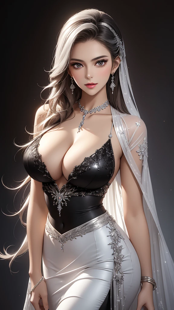 Best quality, masterpiece, realistic, highly detailed face, Beautiful sexy cool tall, slim, fit woman, wearing fancy silver-white sequin cropped top and black skirt, intricate and highly detailed, cleavage, long silver hair, body chain, jewelry.