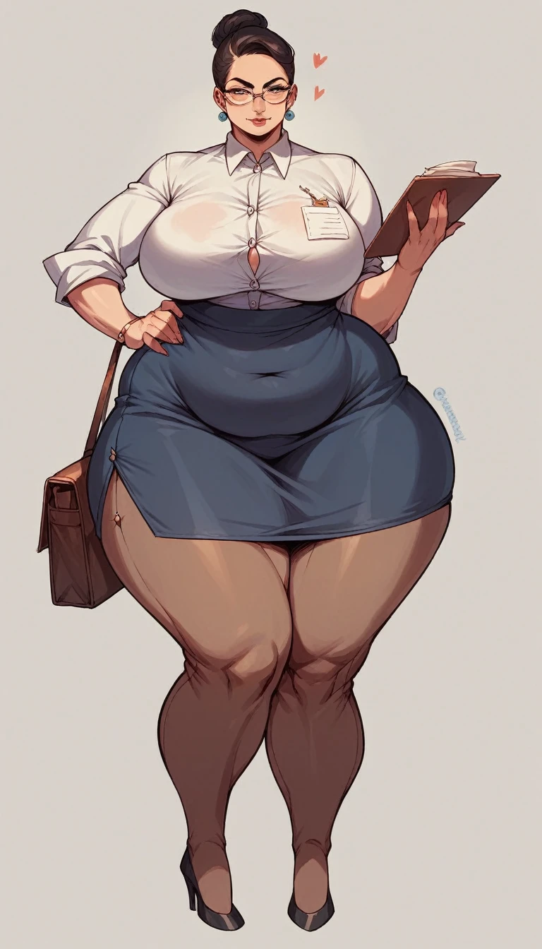 character with ultra large breasts, full body, wide hips, very big fat body, very fat, very big fat body, the girl is dressed in secretary clothes, she has narrow glasses, her breasts are incredibly large with a size of 2 meters