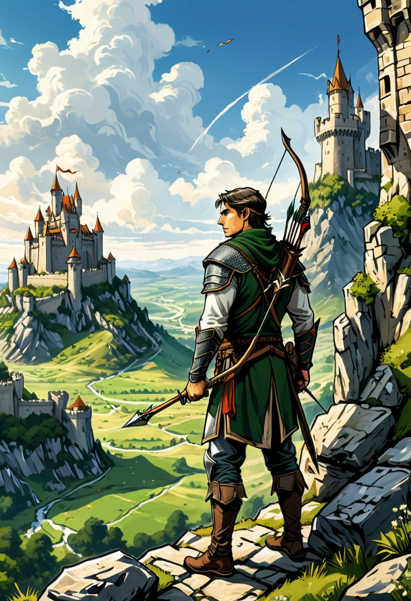 (Archer, bow and arrow), In medieval style, an elf archer patrols the ancient stone walls with vigilance. Behind him lies a towering castle and vast plains, while ahead lies an unknown danger. The characters demonstrate determination and courage, with the castle and vast plains in the background, full body, (Photography), panoramic view, award-winning, cinematic still, emotional, vignette, dynamic, vivid, (masterpiece, best quality, Professional, perfect composition, very aesthetic, absurdres, ultra-detailed, intricate details:1.3)