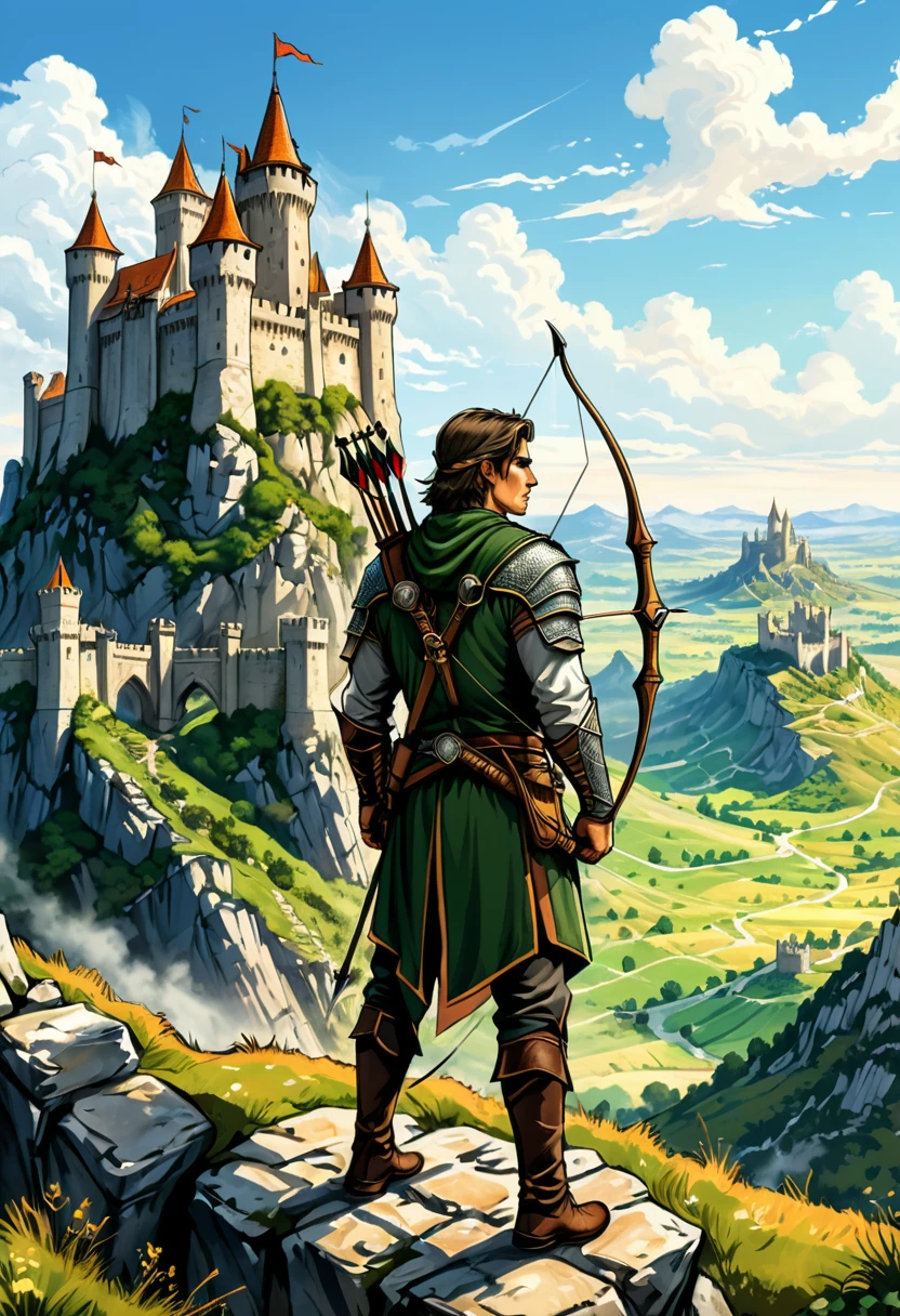 (Archer, bow and arrow), In medieval style, an elf archer patrols the ancient stone walls with vigilance. Behind him lies a towering castle and vast plains, while ahead lies an unknown danger. The characters demonstrate determination and courage, with the castle and vast plains in the background, full body, (Photography), panoramic view, award-winning, cinematic still, emotional, vignette, dynamic, vivid, (masterpiece, best quality, Professional, perfect composition, very aesthetic, absurdres, ultra-detailed, intricate details:1.3)