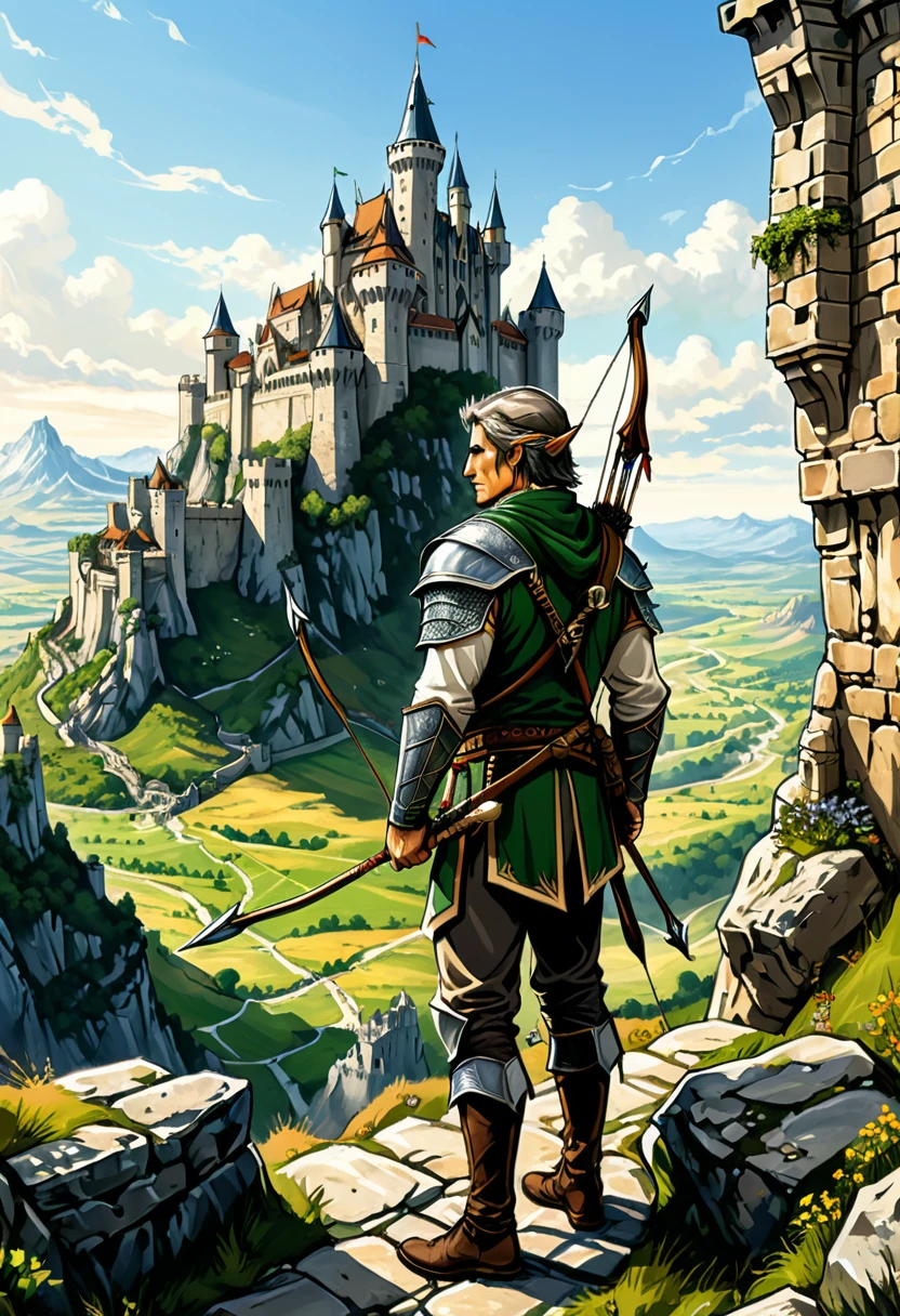 (Archer, bow and arrow), In medieval style, an elf archer patrols the ancient stone walls with vigilance. Behind him lies a towering castle and vast plains, while ahead lies an unknown danger. The characters demonstrate determination and courage, with the castle and vast plains in the background, full body, (Photography), panoramic view, award-winning, cinematic still, emotional, vignette, dynamic, vivid, (masterpiece, best quality, Professional, perfect composition, very aesthetic, absurdres, ultra-detailed, intricate details:1.3)