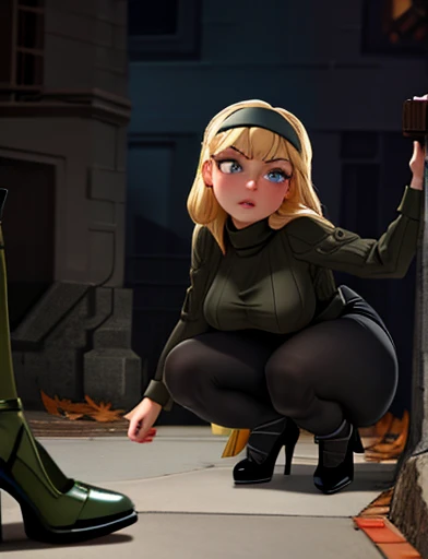(masterpiece,best quality,absurdres,beautiful,aesthetic,detailed),cinematic angle, (Detailed face:1.2), (Detailed eyes:1.2), 1girl, solo (Gwen Stacy:1.1), curvy, bottom heavy,platinum blonde hair, bright blue eyes, ((Wearing: Black headband, olive green sweater, black leggings, black heels)), she is outside on New York streets, crowds of people on the surroundings, busy atmosphere, cinematic lighting, detailed background, she is tightly stuck in a manhole by the hips, waiting for spider man to save her