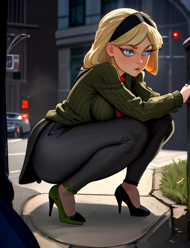 (masterpiece,best quality,absurdres,beautiful,aesthetic,detailed),cinematic angle, (Detailed face:1.2), (Detailed eyes:1.2), 1girl, solo (Gwen Stacy:1.1), curvy, bottom heavy,platinum blonde hair, bright blue eyes, ((Wearing: Black headband, olive green sweater, black leggings, black heels)), she is outside on New York streets, crowds of people on the surroundings, busy atmosphere, cinematic lighting, detailed background, she is tightly stuck in a manhole by the hips, waiting for spider man to save her