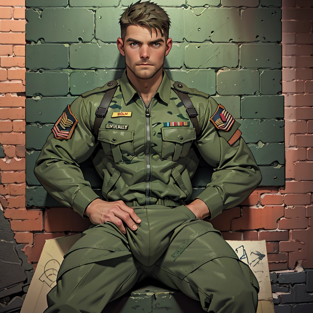 32k, high quality , detailed face , detailed hands , detailed muscles , stephen amell standing and  posing  as a military man wearing camouflage suit ,standing with((( spread legs))), showing his muscles and bulge , ((background brick wall with lot of army posters ))