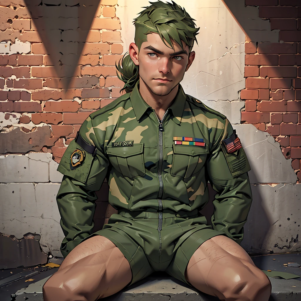 32k, high quality , detailed face , detailed hands , detailed muscles , stephen amell standing and posing as a military man wearing camouflage suit ,standing with((( ))), showing his muscles and bulge , ((background brick wall with lot of army posters ))