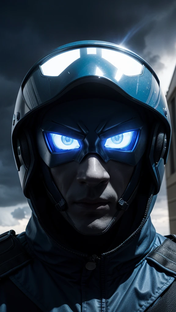ghost mask, blue helmet and uniform, Men in mask portrait, military, close-up, contra-luz, ultrarealistic, ray tracing, storm in background, blue cinema lighting, buildings in the background