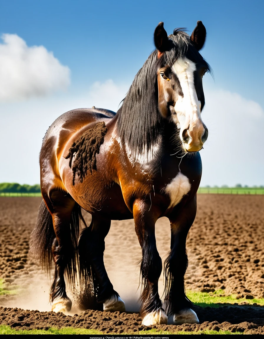 full rear(100) view of large fat wide hairy Shire horse stallion with lumps of horse dung pouring out of the centre of a big bum and sliding down legs. facing away from view point - towards horizon. wide open rectum and anus in full view full of horse dung. tail to left side. ((masterpiece)), ((best quality)), ((highres)), ((extremely detailed)), ((close  shot, back view)), (super realistic) . anatomically correct. horse surrounded by 5 lumps of steaming dung near back legs. open field. bright sunny sky