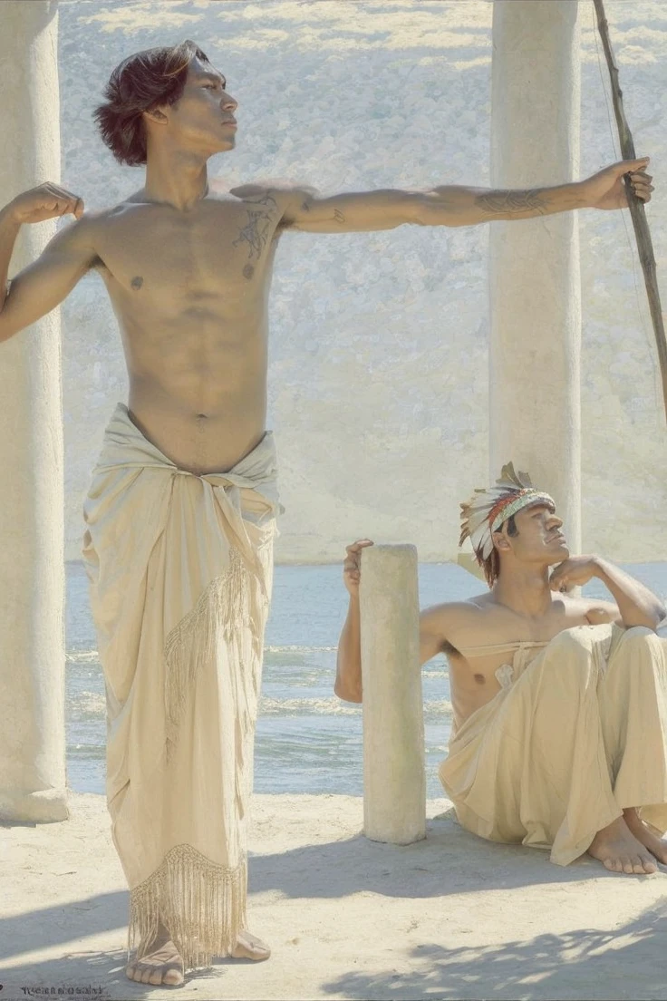 Change it into a handsome beautifully detailed face of a indigenous Filipino tribe's men. Change the dress into a indigenous outfit, and make the man think about being one with nature, the background is full of tress and green grass