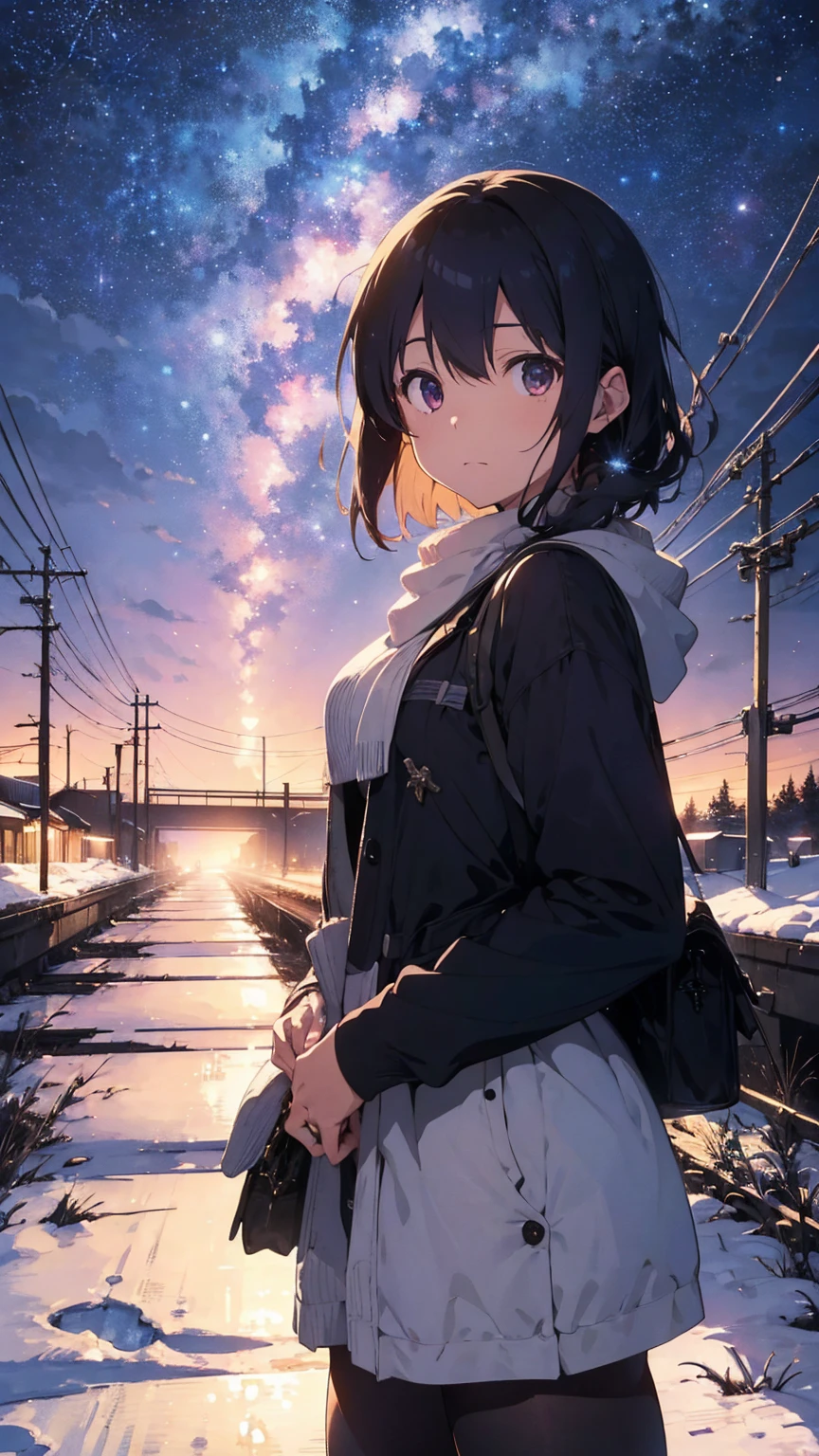 In a tranquil winter night, under the ethereal glow of a cosmic sky, a train glides gracefully along snow-covered tracks. The scene unfolds with Makoto Shinkai's signature magic realism, where the train itself seems alive with a quiet, mysterious energy. The landscape is painted in shades of deep blues and purples, reminiscent of a galaxy painted across the heavens. There are no humans in sight, only the silent companionship between the train and the vast, starlit sky. This evokes the essence of Makoto Shinkai's renowned anime backgrounds, capturing a moment of serene beauty and cosmic wonder.