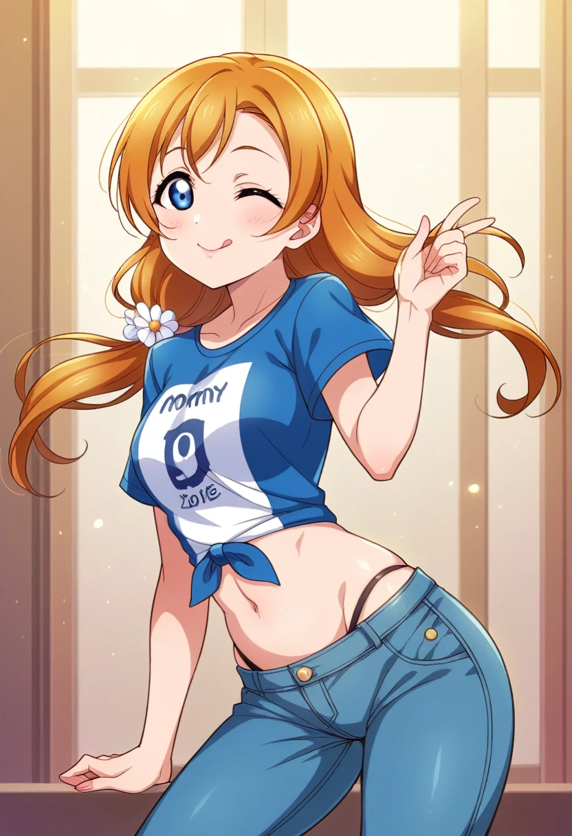 Honoka kousaka love live, cowboy shot, blue eyes, orange hair,hair flower, solo, soccer t-shirt, midriff, high leg pants, front tie, stylish bright jeans pants, perfect eyes, Perfect iris,Perfect skin,Soft front light,indoors;(pastel colour:1.2),(lipstick:0.8) ,sexy pose,wink, standing, mommy,low twintails, curvy thicc body , Long hair