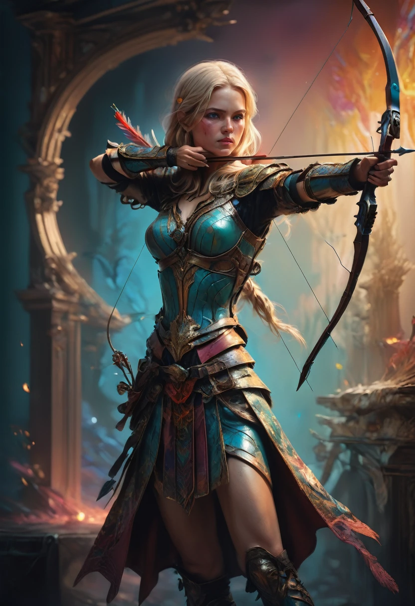 Archer, bow and arrow, Archery pose, full body, by Jeanne Mammen, dramatic composition, cinematic dynamic action scene, vibrant colors, cinematic lighting, dramatic lighting, best quality, masterpiece, very aesthetic, perfect composition, intricate details, ultra-detailed
