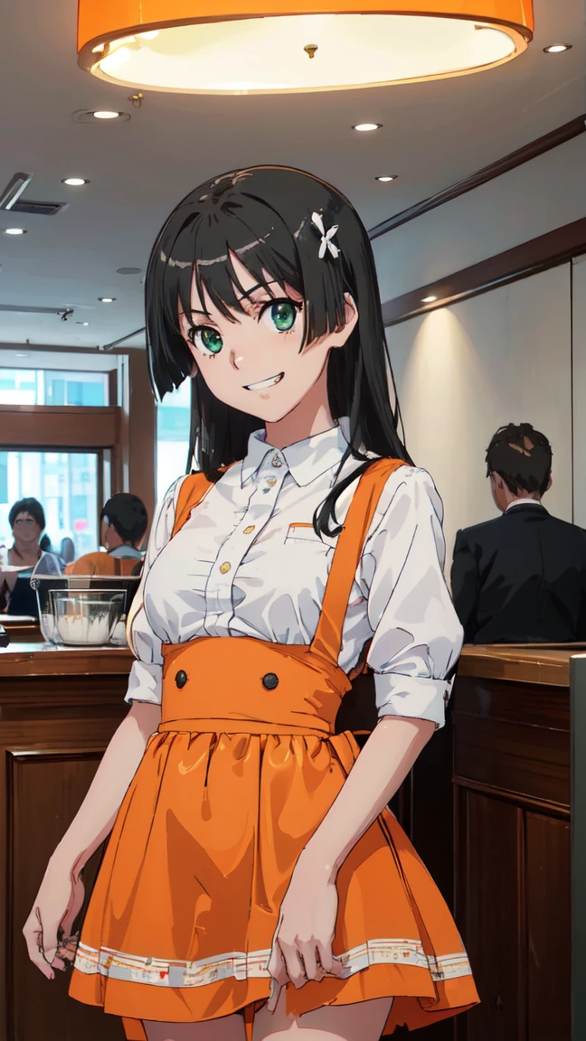  (High resolution:1.4), (masutepiece:1.2), (High quality:1.3) 1girl, saten ruiko, green eyes, long hair, black hair, small breast, Orange Skirt, orange apron, High Waist Skirt, white shirt, waitress, mini skirt, Bursting Busty,, cinematic lighting,  grin, pov