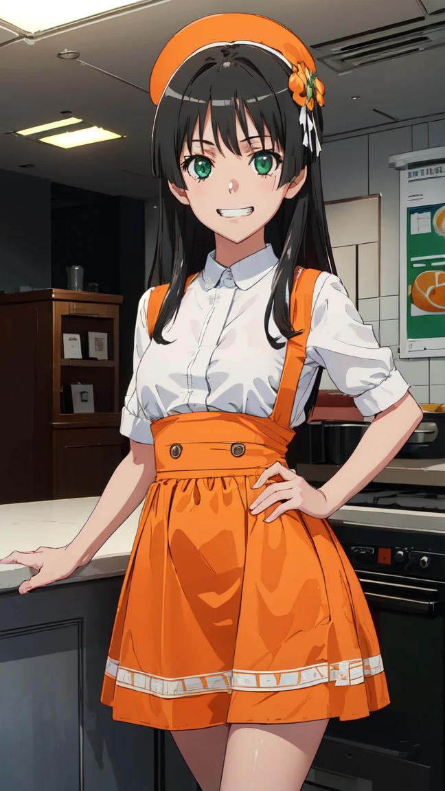 (High resolution:1.4), (masutepiece:1.2), (High quality:1.3) 1girl, saten ruiko, green eyes, long hair, black hair, small breast, Orange Skirt, orange apron, High Waist Skirt, white shirt, waitress, mini skirt, Bursting Busty,, cinematic lighting, grin, pov