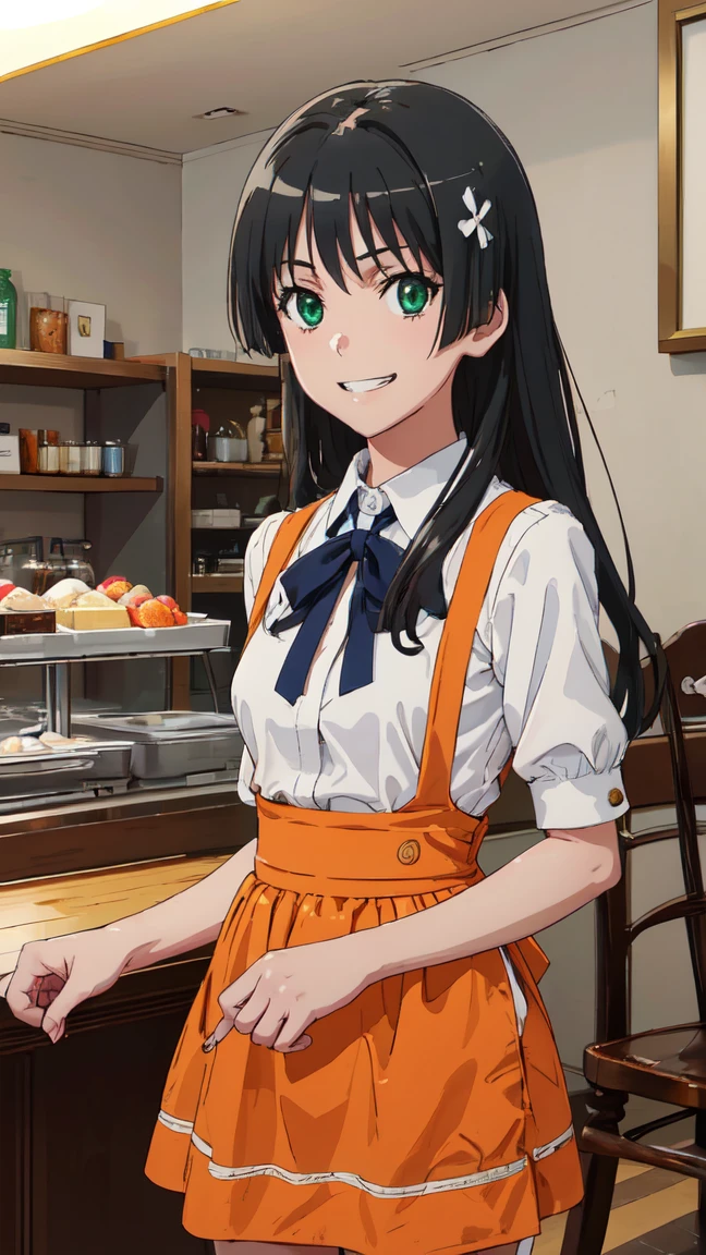 (High resolution:1.4), (masutepiece:1.2), (High quality:1.3) 1girl, saten ruiko, green eyes, long hair, black hair, small breast, Orange Skirt, orange apron, High Waist Skirt, white shirt, waitress, mini skirt, Bursting Busty,, cinematic lighting, grin, pov