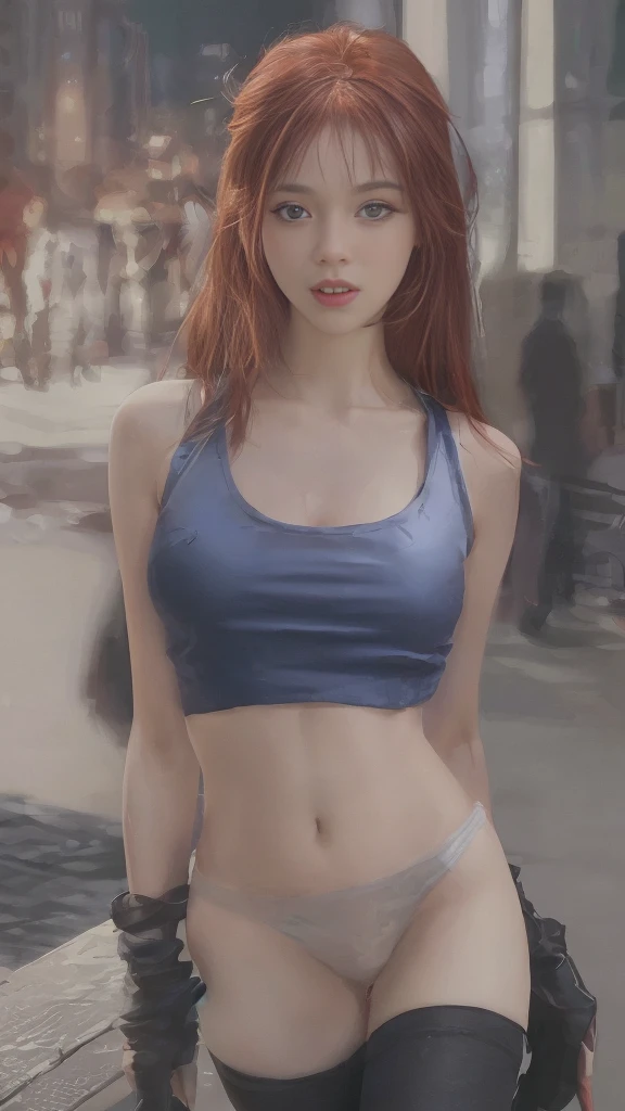 ((Realistic lighting, Best quality, 8K, Masterpiece: 1.3)), Clear focus: 1.2, 1 girl, Perfect Figure: 1.4, Slim Abs: 1.1, See through, tight clothing, ((Red-Haired)), (panties: 1.4), (Blue crop top: 1.4), (Outdoor, Night: 1.1), City streets, Super fine face, Fine eyes, Double eyelids,
