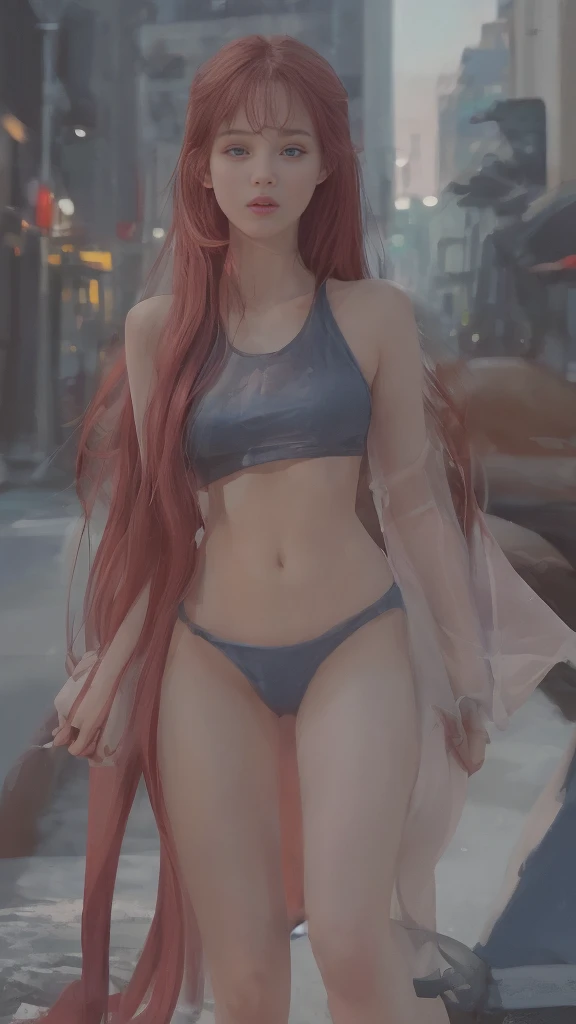 ((Realistic lighting, Best quality, 8K, Masterpiece: 1.3)), Clear focus: 1.2, 1 girl, Perfect Figure: 1.4, Slim Abs: 1.1, See through, tight clothing, ((Red-Haired)), (: 1.4), (Blue crop top: 1.4), (Outdoor, Night: 1.1), City streets, Super fine face, Fine eyes, Double eyelids,