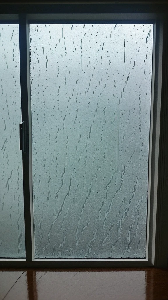 Rain-soaked window glass。Outside the window, the sky is gray and the rain is pouring。View from inside the room。It feels like I&#39;m looking at it from a distance。