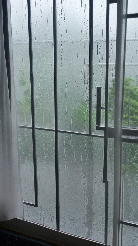 Rain-soaked window glass。Outside the window, the sky is gray and the rain is pouring。View from inside the room。It feels like I&#39;m looking at it from a distance。