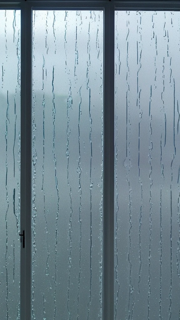 Rain-soaked window glass。Outside the window, the sky is gray and the rain is pouring。View from inside the room。It feels like I'm looking at it from a distance。