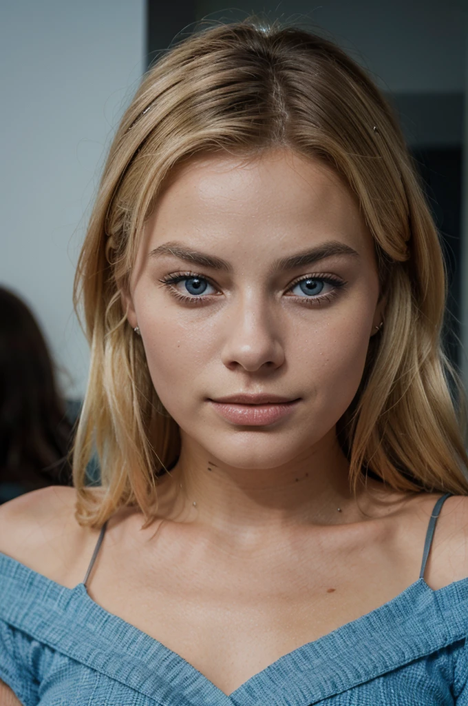 crée le portrait d'une femme blonde avec de beau yeux bleu de qualité 4k très réalise , qui ressemble a margot robbie