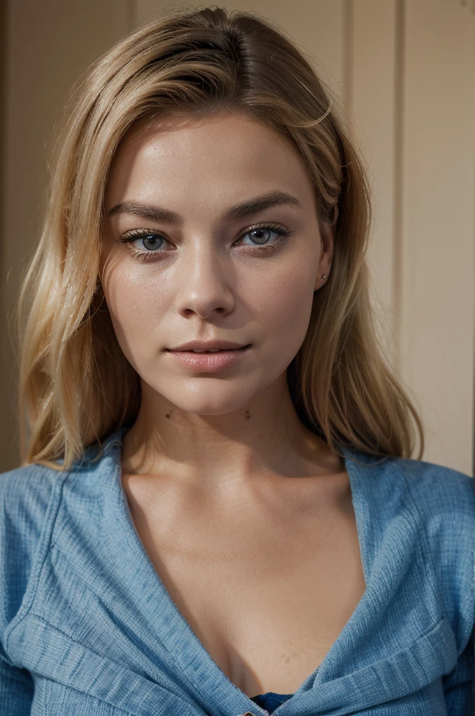 crée le portrait d'une femme blonde avec de beau yeux bleu de qualité 4k très réalise , qui ressemble a margot robbie