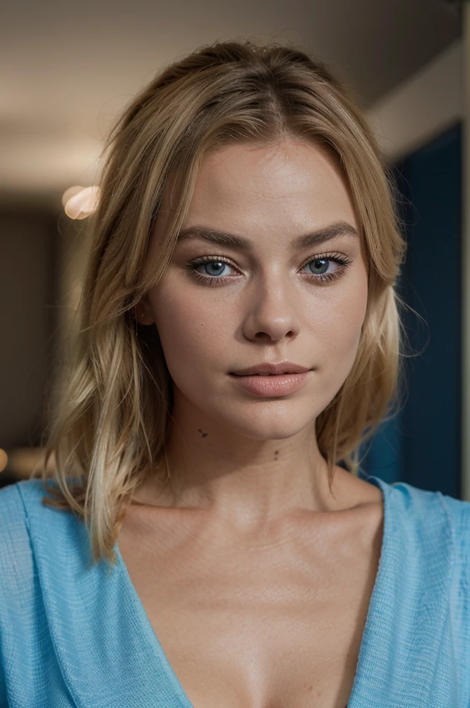 crée le portrait d'une femme blonde avec de beau yeux bleu de qualité 4k très réalise , qui ressemble a margot robbie