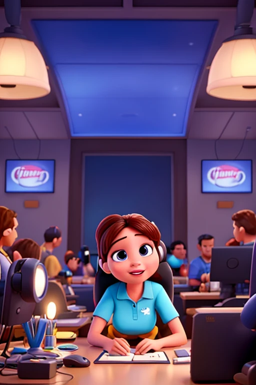 To create a Disney Pixar animation-themed AI image in a customer service call center WITH PEOPLE ANSWERING
