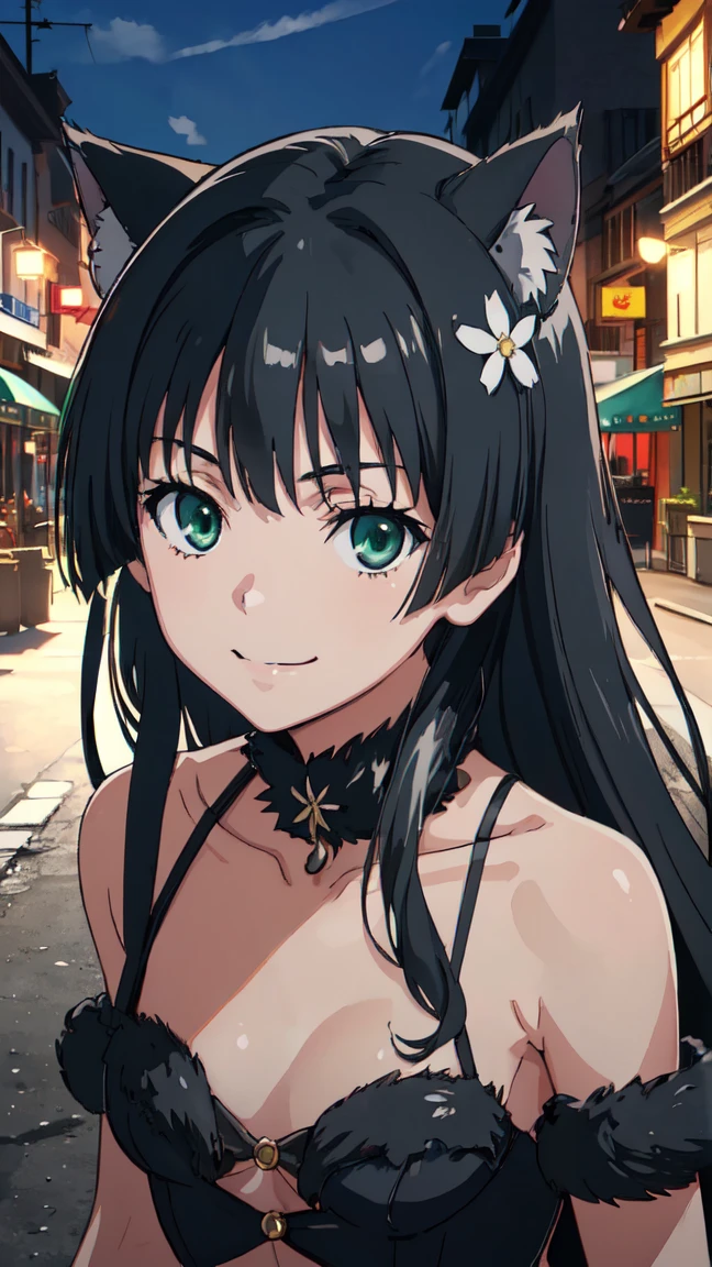  (High resolution:1.4), (masutepiece:1.2), (High quality:1.3) 1girl, saten ruiko, green eyes, long hair, black hair, small breast, dangerousbeast, wolf tail,  cinematic lighting,  pov, smile