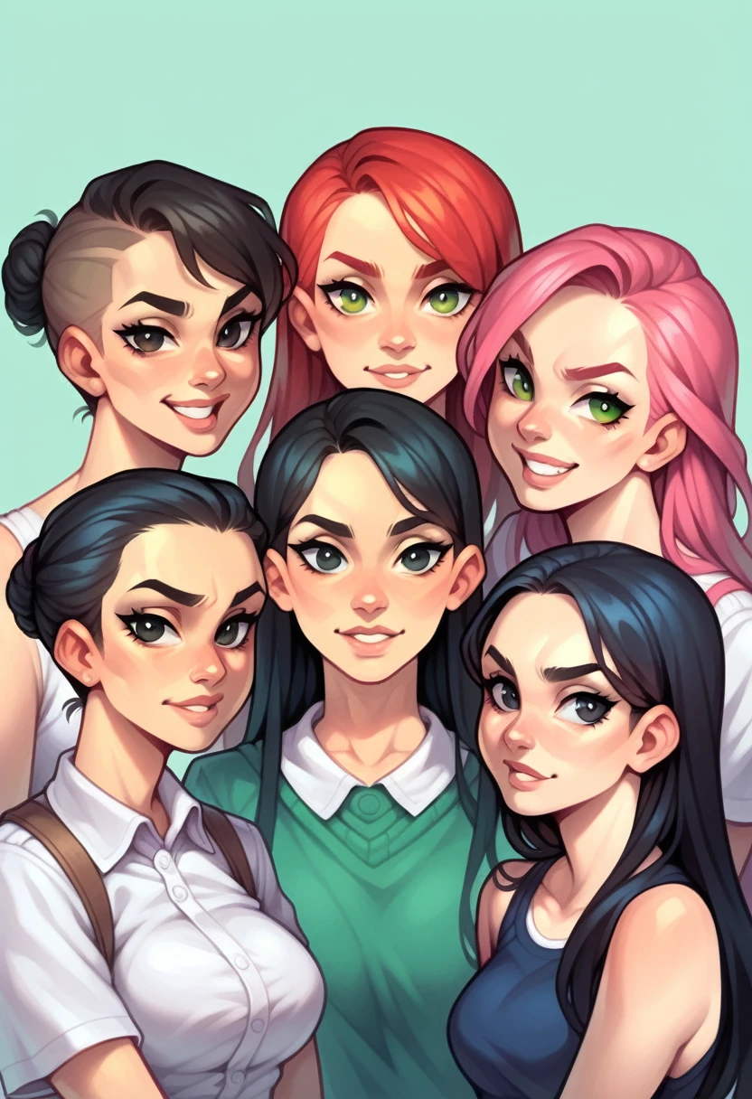 4 girls, one serious, another smiling and another happy 1 has black hair and black eyes 2 has short pink hair, green eyes and the other side is yellow, calm 3 beautiful girl with light eyes and golden hair 4 a girl who smiles, red hair color with blue and red eyes school clothes