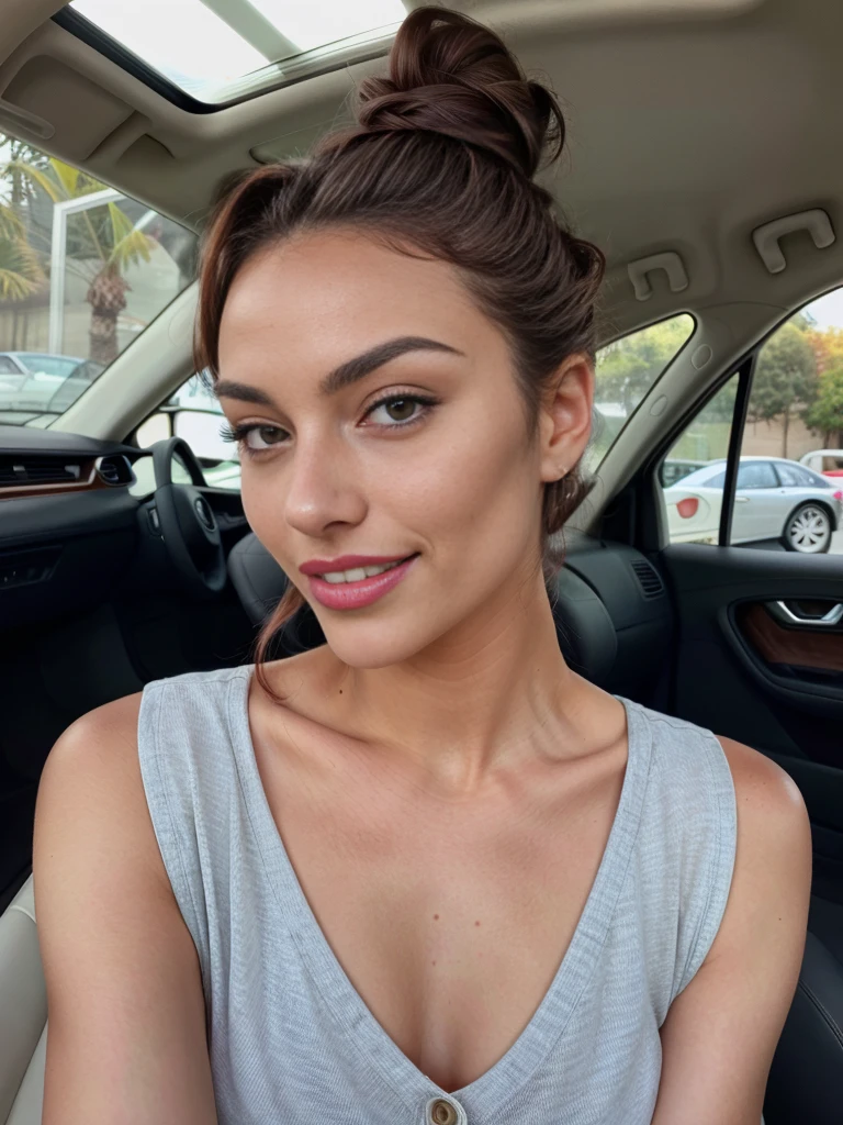 a 22 year old woman, an elegant appearance. My brown hair is in a bun, highlights my green eyes. My full, red lips are shaped into a smile. My snub nose is covered with freckles, which contrast with my tanned skin. My eyebrows are thick and dark, gives me a seductive look. My cheekbones are high and defined, and my eyelashes are long and curved. shows my curves. The model is in a car. Her pose is elegant and relaxed, with the body facing the camera, Face to the camera. the model is wearing a short denimdress, Her hair is in a sleek bun and her makeup is light and natural. the camera positioned slightly higher, to highlight their beauty. there is a romantic atmosphere,she laughs and smiles . she seems happy. she has white teeth. hands not in picture